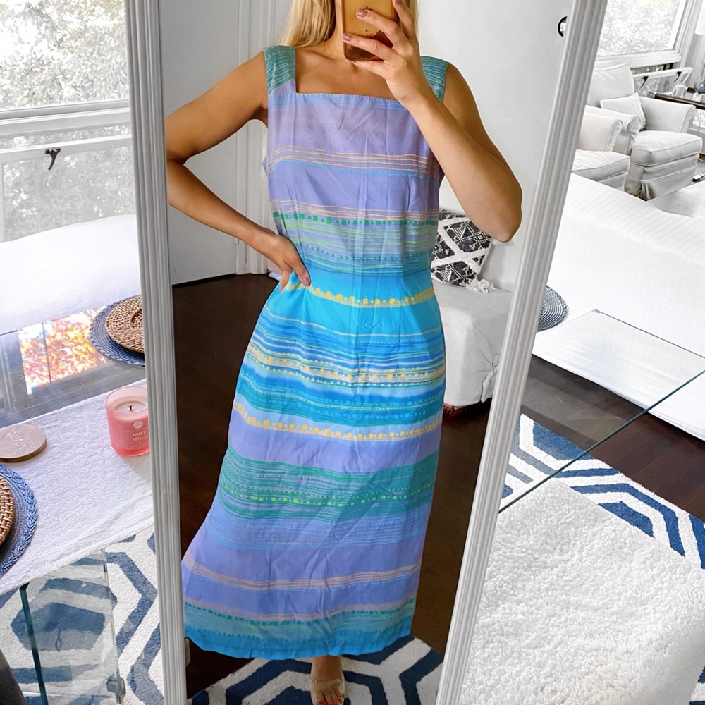 🦋 ART-TO-BE ELEGANT BLUE PURPLE MULTI SQUARE NECK MAXI DRESS! - Picture 5 of 12
